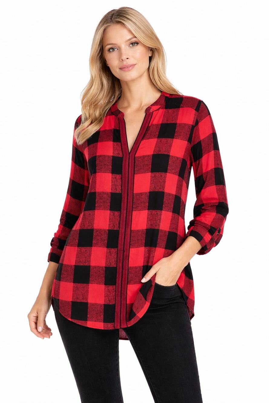 Sandro Red Buffalo Check Silk Tunic Top Size Medium